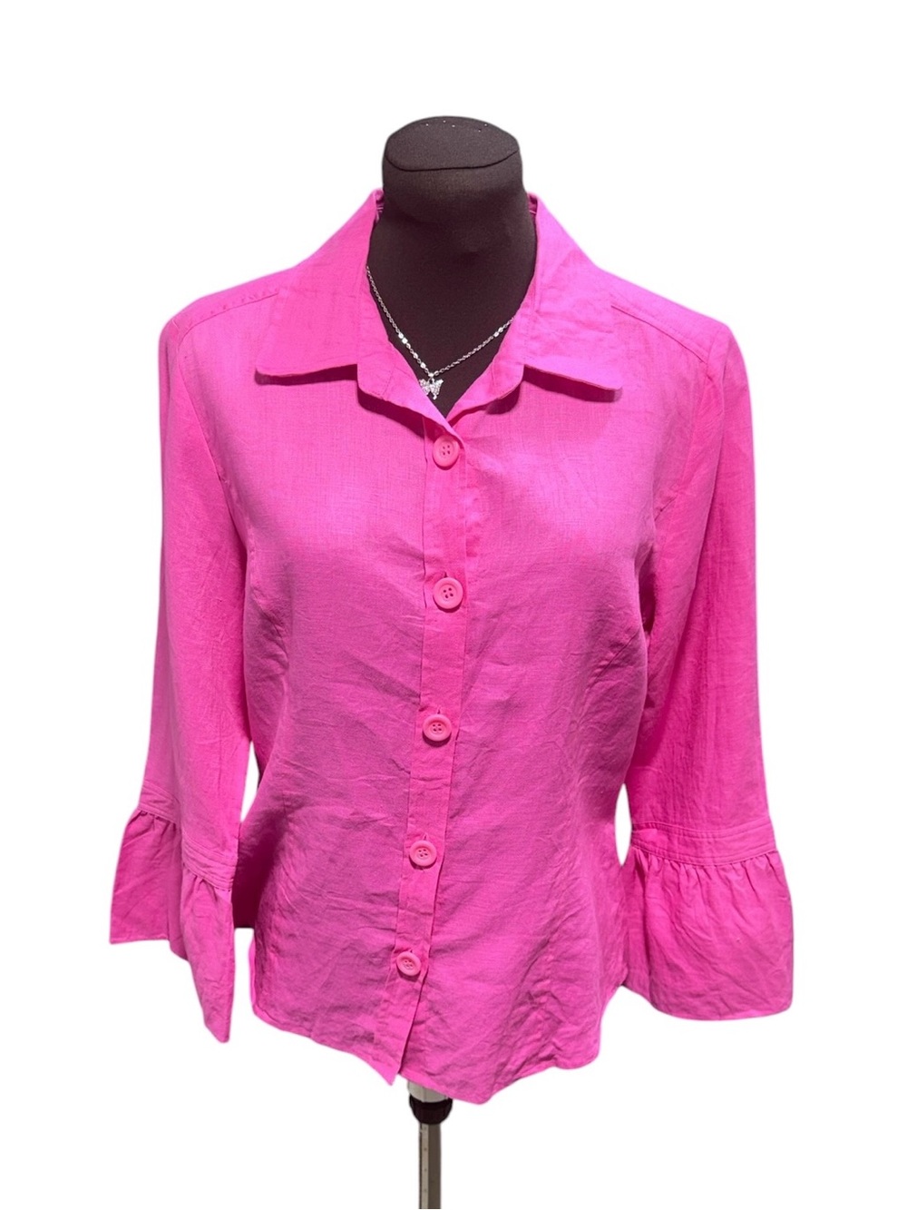 Boutique Essentials Womens Linen Blouse Size L Hot Pink Button Front Bell Sleeve